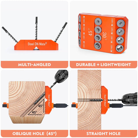 Go To 45 30 90 Degree Angle Drill Guide showing multi-angle design and wood hole drilling for cable railing posts.