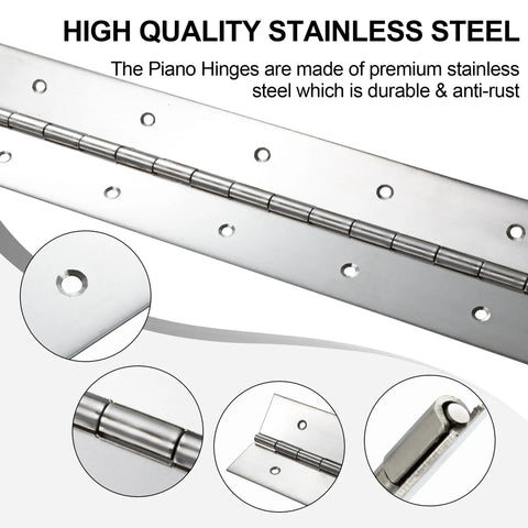 Two Pack Pro Grade 304 Stainless Steel Piano Hinges 16 Inches Long By Three Inches Wide Heavy Duty Build For Cabinet Doors And Toolboxes. High-quality stainless steel construction with pre-drilled holes.