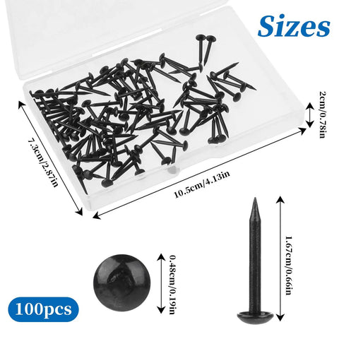 Kickass Black Upholstery Nails And Thumb Tacks Hella Durable Round Head Metal Finishing Hardware For Reupholstering Furniture Sofa Wood Door And Home Decor Projects in a clear case with dimensions shown.