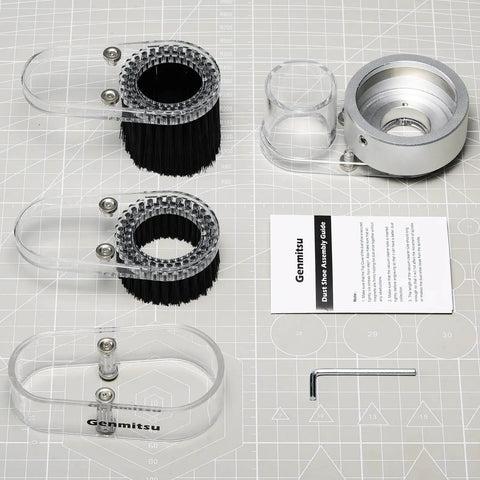 Dust Shoe For CNC Router 52mm Spindle Motors Clear ABS Shield with hose adapter and assembly kit on a table.