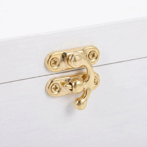 Old School Vintage Iron Hasp Latch Set 24 Pack gold latch on white box for jewelry cases and cabinets