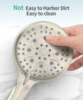 Close-up of five-spray head from Rain And Handheld Shower System With Five Spray Dual 2 In 1 High Pressure Shower Faucet 3 Way Diverter Brushed Nickel Finish Valve Included For Your Home Upgrade Remodel held by hand, showing easy clean surface.
