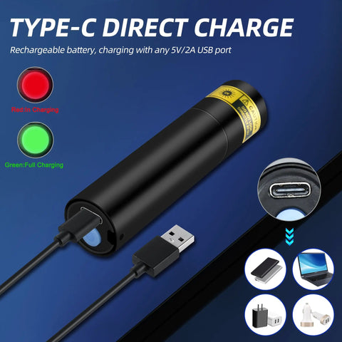 Powerful Dual UV Flashlight 365nm 395nm Mini Wood Lamp USB C Rechargeable with charging cable and indicators shown