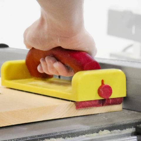 GrabberPLUS Pushblock for Table Saws Router Tables Band Saws and Jointers Yellow with Diamond Grip Rubber Bottom in Use