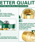 Diagram highlighting features of the Full Flow Garden Hose Shut Off Valve Heavy Duty 3/4 Inch Brass Ball Valve with 360 Degree Swivel Joint.