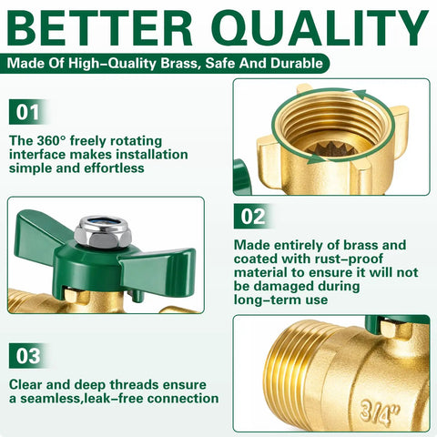 Diagram highlighting features of the Full Flow Garden Hose Shut Off Valve Heavy Duty 3/4 Inch Brass Ball Valve with 360 Degree Swivel Joint.