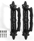 Heavy Duty Barn Door Handle Built Tough 9 Inch Cast Iron Rustic Gate Pull Antique Black 2 Pack With Screws displayed