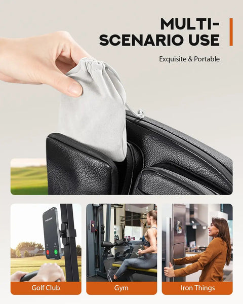 Kickass Magnetic Golf Cart Phone Holder With MagSafe For iPhone 16 15 14 13 12 Mini shown in multiple use scenarios including gym and golf.
