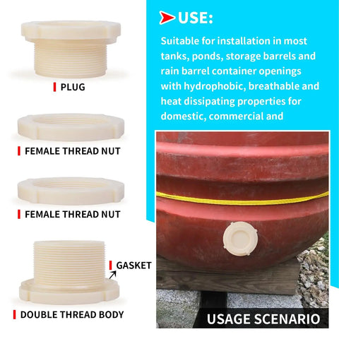 ABS Bulkhead Fitting 3 Inch Double Thread Connector Adapter With Plugs For Water Tanks Aquariums And Rain Barrels 1 Pack Non NPT Thread Heavy Duty Durable ABS Plastic