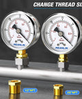 Dual 2-inch stainless steel vacuum gauges with Meanlin logo on dial, -30 to 0 psi, brass NPT bushings.