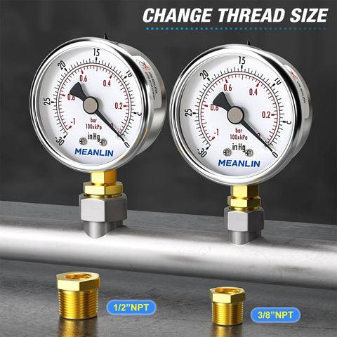 Dual 2-inch stainless steel vacuum gauges with Meanlin logo on dial, -30 to 0 psi, brass NPT bushings.