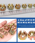 60Pcs Hex Slotted Nuts Set M10 M12 M14 M16 M18 M20 Carbon Steel display with ruler for cars and furniture projects.