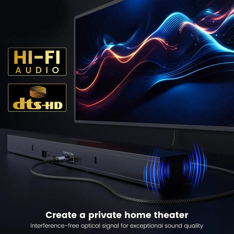 Top Tier Toslink Optical Audio Cable With SPDIF Fiber Optic Design For Punchy Bass And Crystal Clear Stereo Plug And Play Simplicity Built To Run Your Home Theater And Gaming Rigs Without Skip Or Lag 3.28 Feet connected to a sound system.