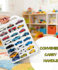 Double Sided 1:64 Scale Toy Car Storage Case With 48 Slots Clear Organizer And Easy Grab Handles For Die Cast Model Cars Transparent Display Box That Keeps Your Collection Neat And Ready To Roll, shown being held with convenient carry handle.