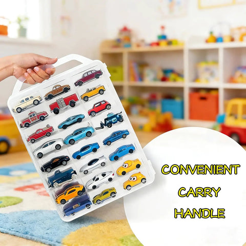 Double Sided 1:64 Scale Toy Car Storage Case With 48 Slots Clear Organizer And Easy Grab Handles For Die Cast Model Cars Transparent Display Box That Keeps Your Collection Neat And Ready To Roll, shown being held with convenient carry handle.