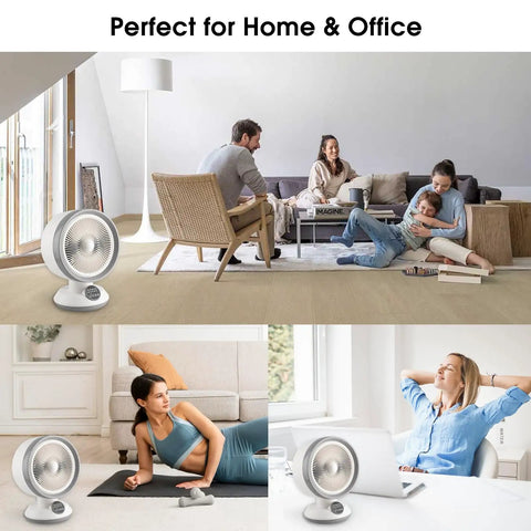Versatile 2 In 1 Heater And Fan Combo With Remote displayed in a modern living room and office setting, perfect for home use.