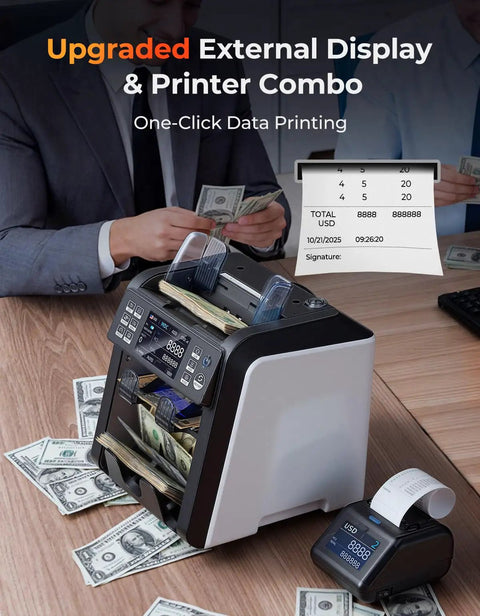 IMC23 Cash Counter Machine With Mixed Denominations, Reject Pocket, Counterfeit Detection With 2 CIS UV MG IR DD on desk