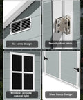 Outdoor Resin Storage Shed 8x10 Ft With Lockable Door Weather Resistant Plastic Garden Tool Shed features vent, latch, windows, ramp.