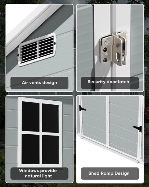 Outdoor Resin Storage Shed 8x10 Ft With Lockable Door Weather Resistant Plastic Garden Tool Shed features vent, latch, windows, ramp.