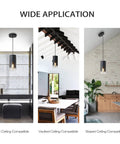 Two Pack Adjustable Black Gradient Glass Pendant Lights with Matte Black Finish shown in various room settings; flat, vaulted, and sloped ceilings.