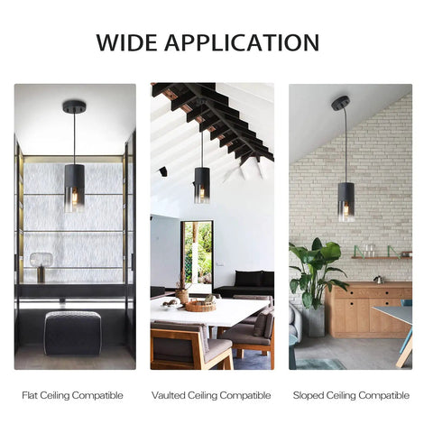 Two Pack Adjustable Black Gradient Glass Pendant Lights with Matte Black Finish shown in various room settings; flat, vaulted, and sloped ceilings.