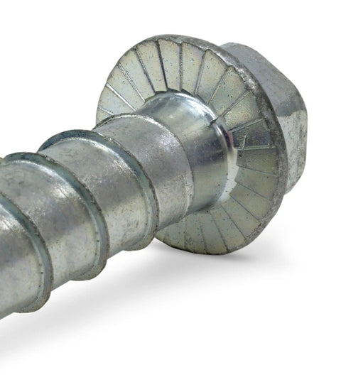 Close-up of Heavy Duty Screw Anchor For Concrete 5/8 Inch X 6 Inch Titen HD Hex Washer Head Zinc Plated for Sill Plates