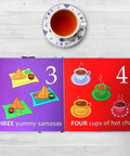 Totally Rad Toddler Counting Book Featuring Ten Noisy Rickshaws And Hella Fun Indian Culture Educational Picture Book For Little Ones Ages One To Three Early Learning Math Number Skills showing samosas and chai in a colorful layout.