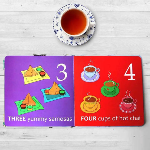 Totally Rad Toddler Counting Book Featuring Ten Noisy Rickshaws And Hella Fun Indian Culture Educational Picture Book For Little Ones Ages One To Three Early Learning Math Number Skills showing samosas and chai in a colorful layout.