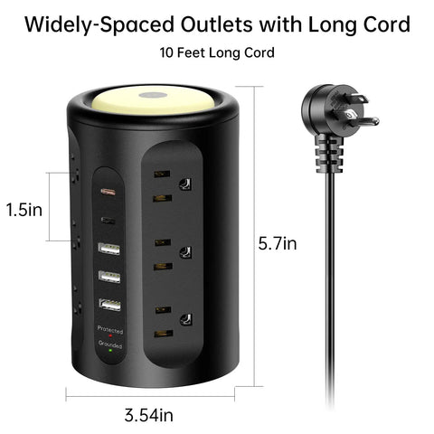 Power Strip Tower All In One Charging Station With 12 AC Outlets And 5 USB Ports Plus Night Light 10 Foot Cord