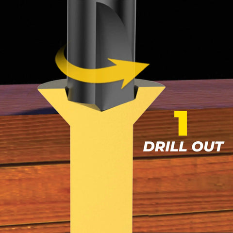 Illustration showing drill operation with Damaged Screw And Bolt Extractor Set For Removing Stripped Screws And Stubborn Bolts