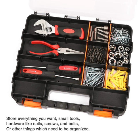 Double Sided Tools Organizer With Removable Dividers, 34 Compartment Hardware Box for screws nuts small parts, open view