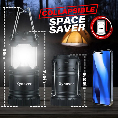 4 Pack Solar Camping Lanterns Rechargeable LED with USB Solar and AA Battery Power Bank Function shown with collapsible design.