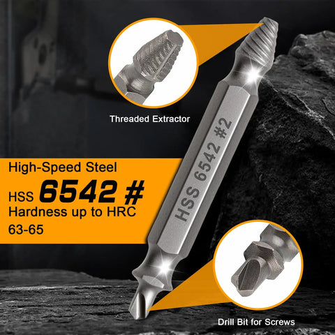 Close-up of Pro Grade Heavy Duty Damaged Screw Extractor Set With 65HRC HSS 6542 Material showing threaded extractor and drill bit.