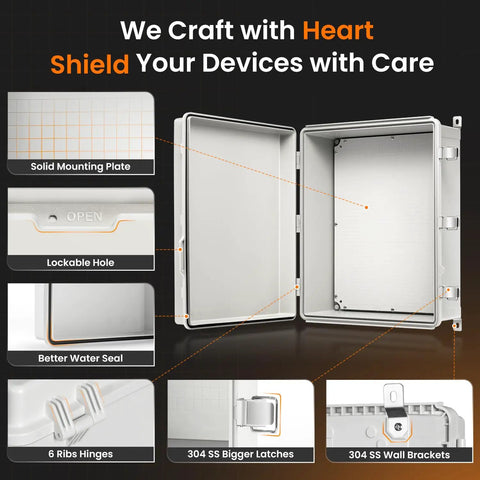 Features of Rugged Outdoor Electrical Box Weatherproof IP66 Enclosure With Hinged Door in premium PC/ABS alloy