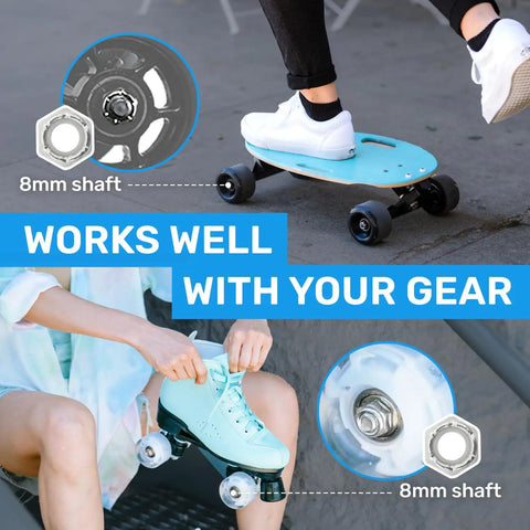 Lock Nuts And Truck Washers Kit For Skateboards 30 Piece Set shown on skateboard and roller skates with 8mm shaft focus.