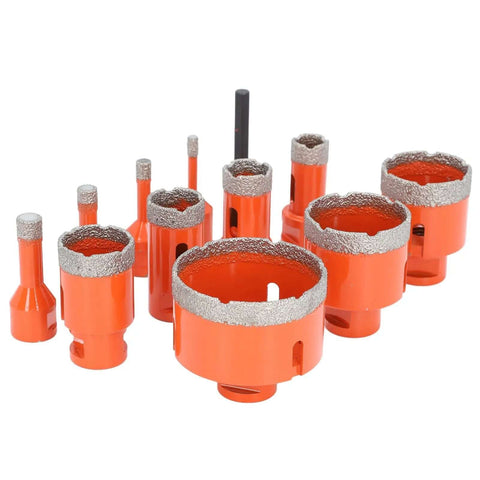 Top Tier Hole Saw Kit With 11 Sizes For Tile Marble And Stone featuring M14 Hex Shank, Built To Drill Clean Blazes Through Granite Ceramic Floor Tiles Like A Boss. Orange diamond hole saw kit with M14 hex shank and 11 sizes for tile, marble, stone, and granite