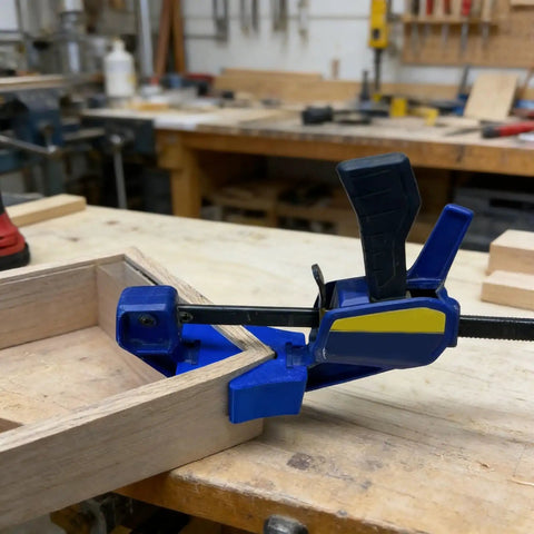 Corner Clamps for Woodworking with Quick Release Right Angle Clamp Design Pro Grade Angle Grippers in use on a wooden frame