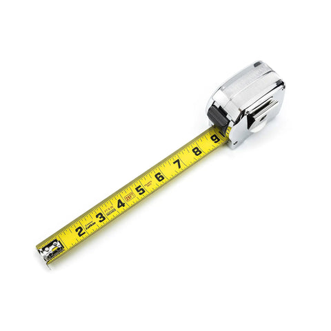 1/2 Inch By 12 Foot Tape Measure With Chrome Case And Yellow Clad Nylon Coated Blade, Ergonomic Grip, Matte Finish, L912-02