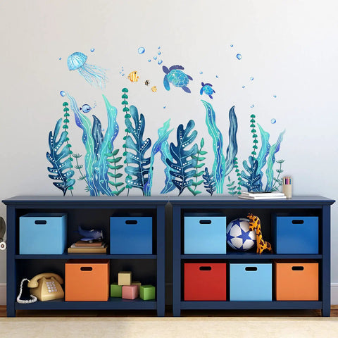 Five Sheets Ocean Sea Turtle Wall Decals Set For Bedroom Nursery And Bathroom Removable Vinyl Under The Sea Decor With Jellyfish, Fish, Seaweed And Grass Graphics, Easy Peel And Stick