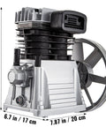 VEVOR air compressor pump head with aluminum body, black cooling fins, and large side flywheel; front-right view