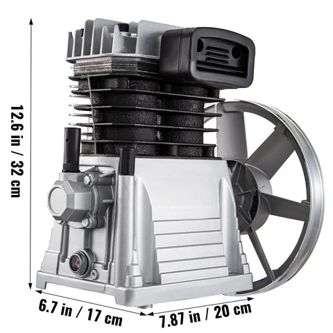 VEVOR air compressor pump head with aluminum body, black cooling fins, and large side flywheel; front-right view