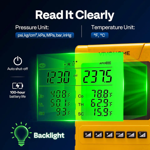 Digital HVAC Manifold Gauge Kit With 2 Wired Temperature Probes For Real Time Pressure, Temperature, Vacuum And Leak Checks, 88 Refrigerants Including R22 R410A R32 R454B With A2L Safety Alert, Superheat And Subcooling Readouts For Residential, Central. digital gauge display with backlight