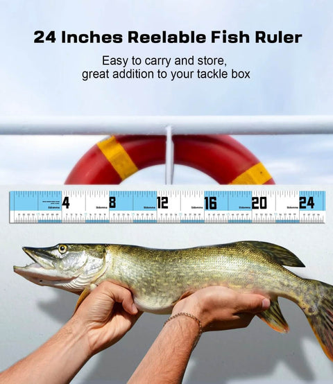 Sidomma 24-inch reelable fish ruler with blue sections; measuring a bass, lifebuoy visible in background.