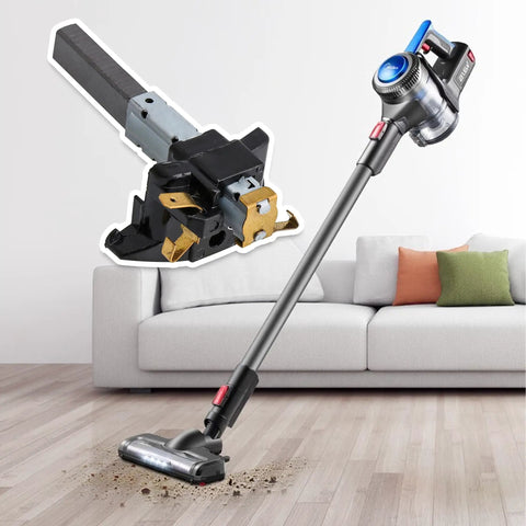 Heavy Duty Gray Industrial Vacuum Replacement Carbon Brush Kit Featuring Rock Solid Iron Holders And Premium Graphite Rods displaying a vacuum and carbon brush.
