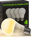 Dusk To Dawn Sensor LED Bulbs 6W A19 Outdoor Lighting 500 Lumens 2700K Warm White Auto On Off Photocell E26 40W Equivalent 4 Pack