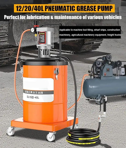 Pro Gear Air Powered Grease Pump Setup For Twenty Liter Barrels With Reinforced Hose And Ergonomic Grease Gun For Smooth High Pressure Lubrication That Gets The Job Done Right Anytime