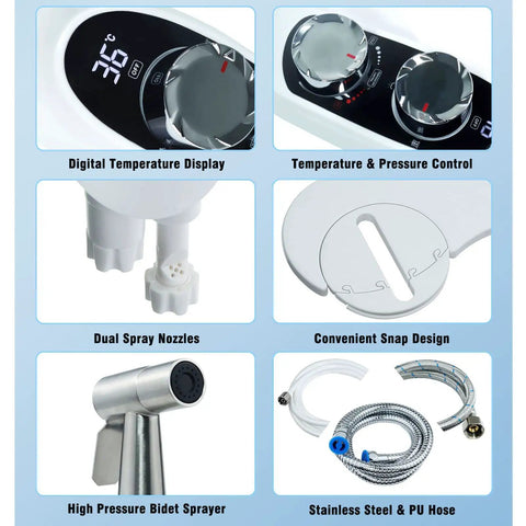 Must Have 2 In 1 Bidet Attachment For Toilet With Handheld Sprayer, Temperature Display, Hot And Cold Water, Non Electric