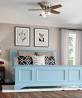 Bedroom with blue bed and 42 Inch Indoor Ceiling Fan With LED Lights, Low Profile Flush Mount, Pull Chain Control, Brushed Nickel Finish.