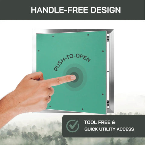 A Total Game Changer For Renos Rock Solid 16 By 16 Aluminum Wall Access Panel For Drywall, showing a hand engaging the push-to-open design.
