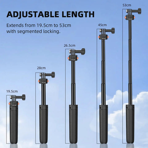 Pocket 3 In One Vlog Tripod Selfie Stick extended from 19.5cm to 53cm against a sky backdrop showing segmented locking.